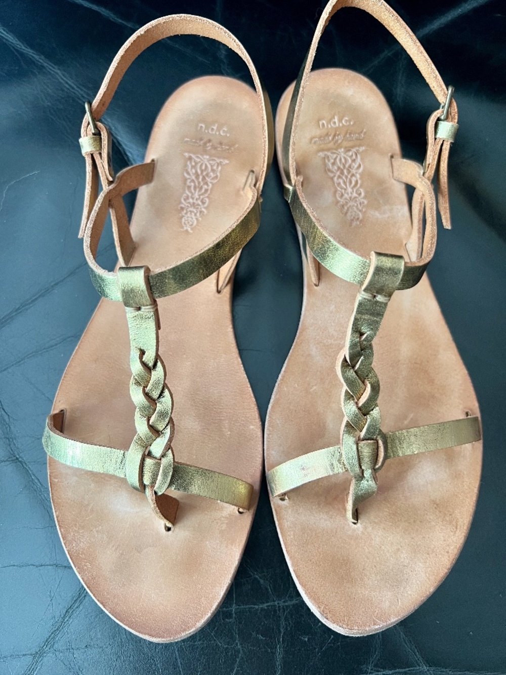 n.d.c. Made by Hand Sandals Women 40 T-Strap Distressed Gold Slingback Spain